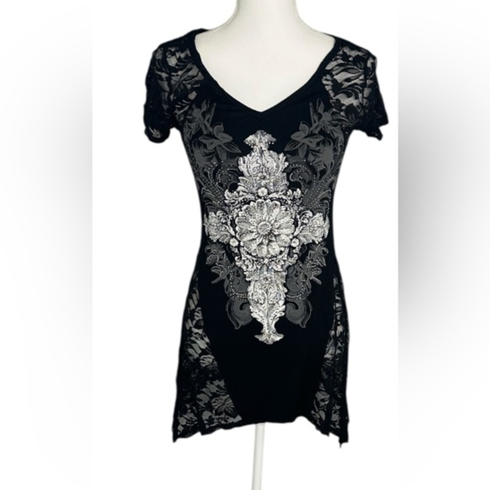Vocal Black Top with White Lace Design